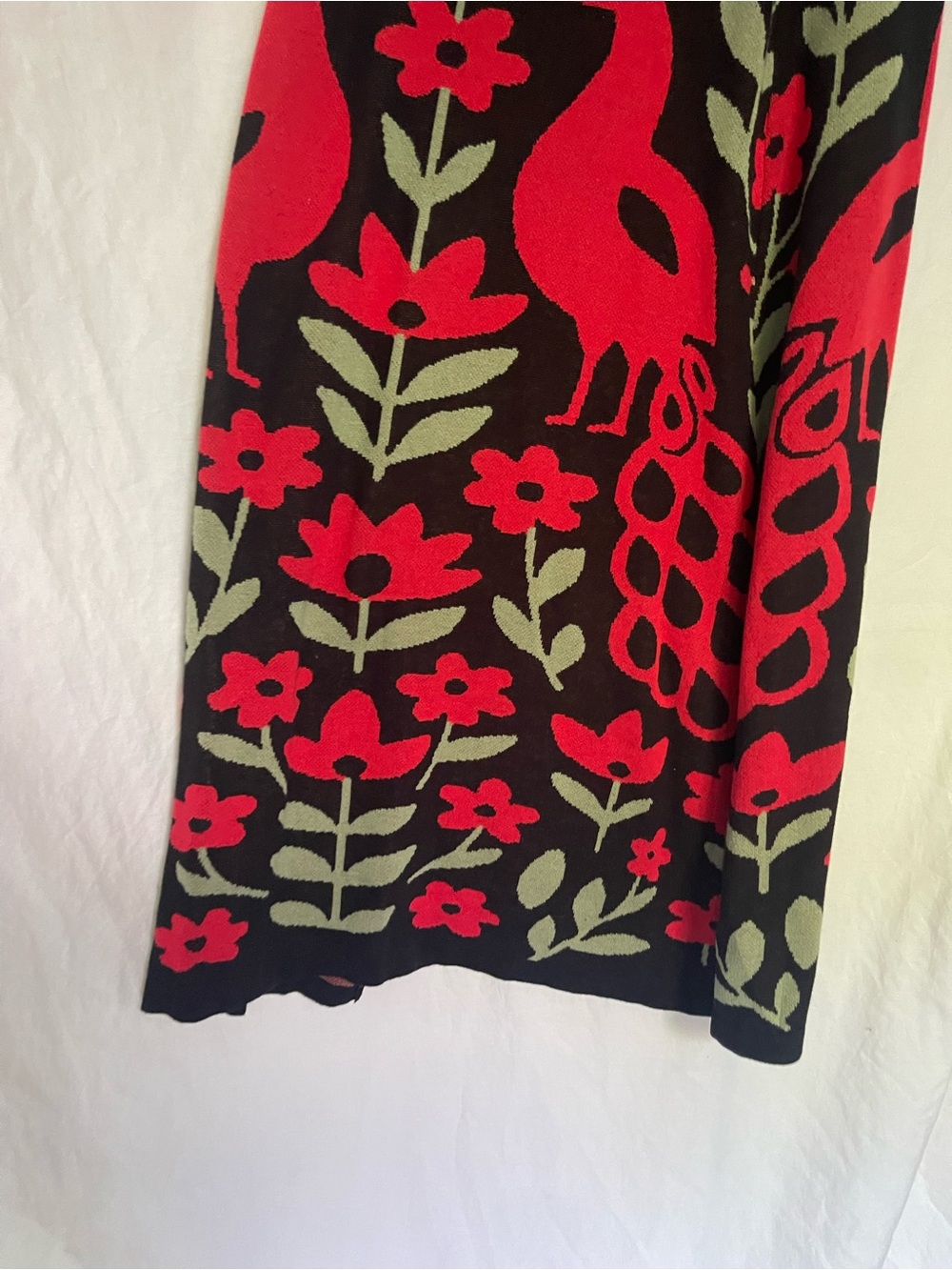 Maxi Skirt with Red Floral & Peacock Motif. Size L. Waist 31” Length 42” - Picture 11 of 13